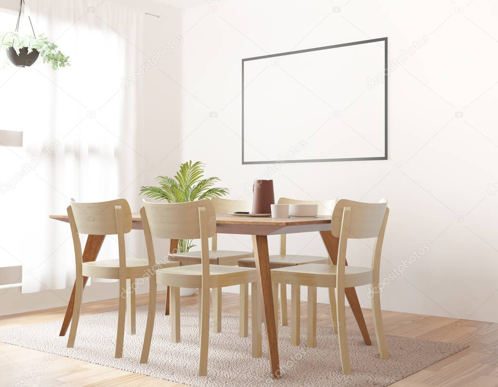 Dining room and kitchen frame for mock up on white background, side view,3D rendering