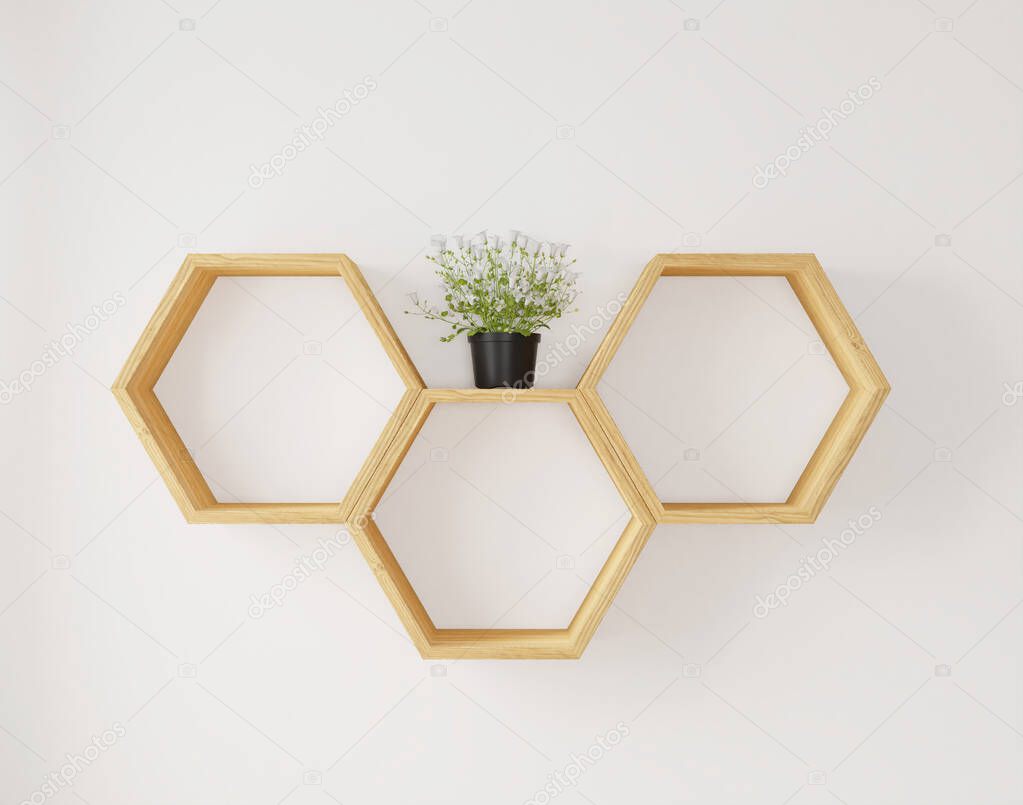 Hexegon shelf and flower for copy space or mock u