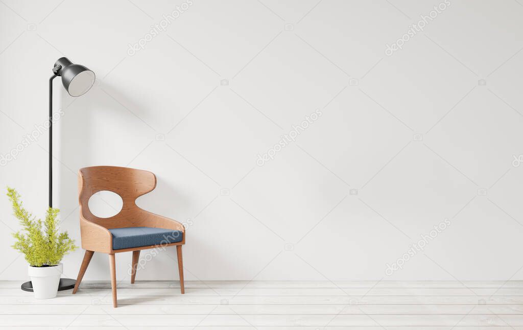 Interior with white wall wooden chair and wooden floor,lamp empty wall for copy space ,3d rendering