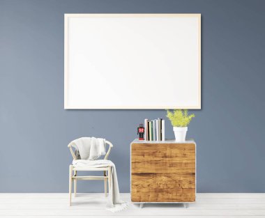 İçi çiğ beton duvar, ağaç ve ahşap sehpa tezgahı ve kopya alanı için boş sandalye, 3D görüntüleme.