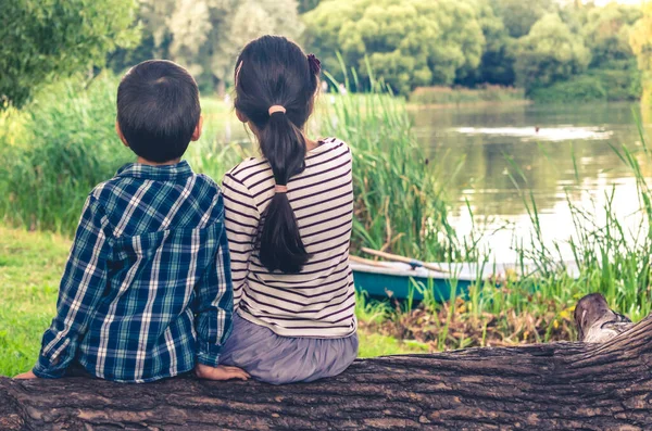 Twee kinderen, jongen en meisje, zittend op de stam van de boom en kijkend naar het landschap van het meer — Stockfoto