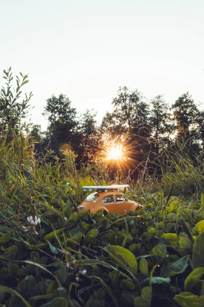 Игрушечный Автомобиль Лесу Закате — стоковое фото