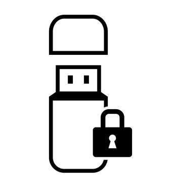 Beyaz arkaplanda kapalı asma kilit simgesine sahip USB flash disk satırı güvenli