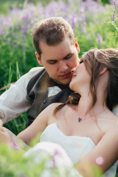 Porträtt av bruden och brudgummen vilar på en lavendel bakgrund — Stockfoto