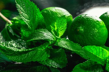 Taze yeşil nane ve limon yakın çekim karanlık bir arka plan