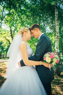 portre gelin ve damat park sokak arka plan üzerinde