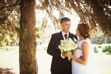 Park geçmişinde bir çift gelin ve damat