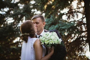 Park geçmişinde bir çift gelin ve damat