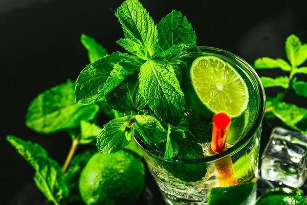 mojito limon ve nane buz küp yakın çekim kırmızı saman ile bardak