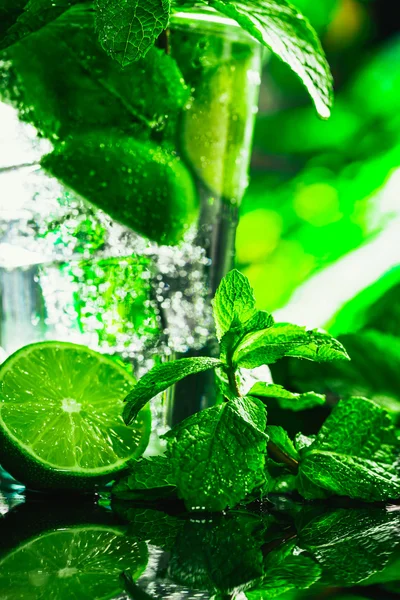 Glas Mojito mit Limette und Minze in Nahaufnahme Eiswürfel auf dunklem Hintergrund — Stockfoto