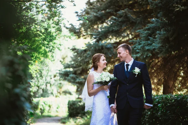 Park geçmişinde bir çift gelin ve damat