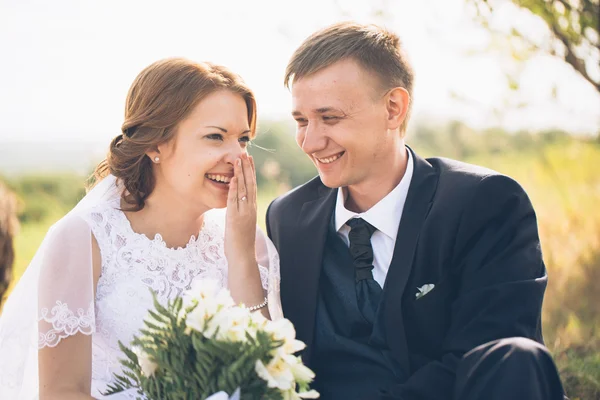 Retrato de um casal noiva e noivo no campo de fundo — Fotografia de Stock