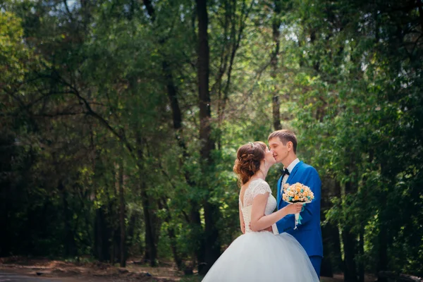 Jovem noiva e noivo beijando no fundo da floresta a estrada — Fotografia de Stock