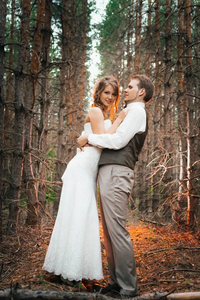 Image dramatique mariée et marié sur le fond de feuilles forêt contre-jour — Photo