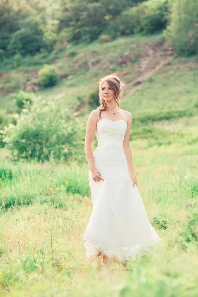 Bride stands on a background of grass and mountains — Stock Photo, Image