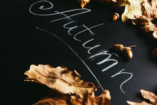 Sárga levelek, és a felirat ősszel egy táblára — Stock Fotó