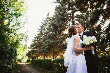 Park geçmişinde bir çift gelin ve damat