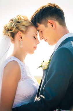 Tarlanın arka planında gelin ve damadın portresi