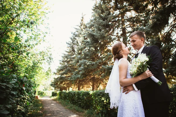 Pár nevěsta a ženich na pozadí parku — Stock fotografie