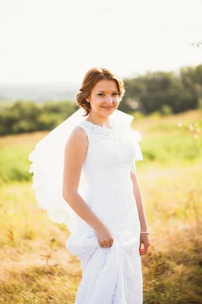 Porträt einer jungen Braut im Hintergrund das Feld — Stockfoto