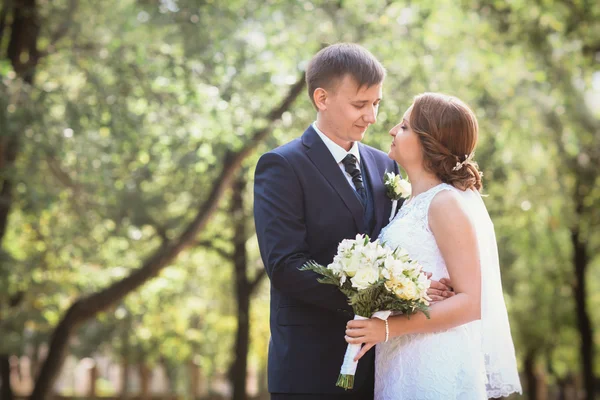 Couple bride and groom on a park background — Stock Photo, Image