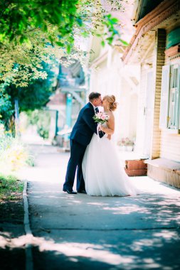 Gelin ve damat şehrin arka planında