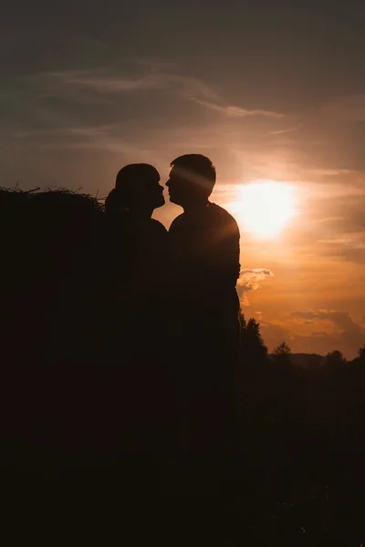 Siluetter av man och kvinna på en bakgrund fältet solen — Stockfoto