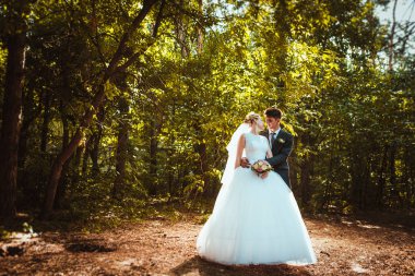 Gelin ve damat orman arka planında