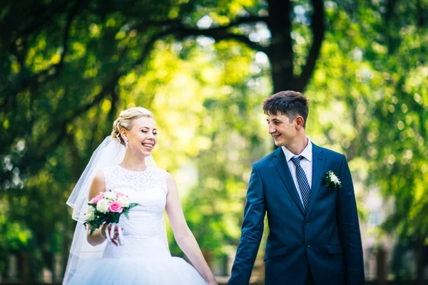 Retrato de la novia y el novio en el fondo del callejón del parque — Foto de Stock