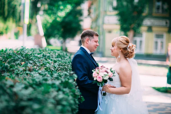 Bruden och brudgummen på bakgrunden av trädgårdsstaketet — Stockfoto