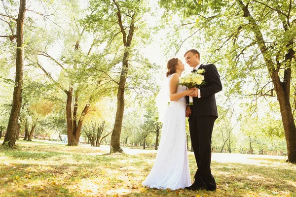 Couple mariée et marié sur un fond de parc — Photo