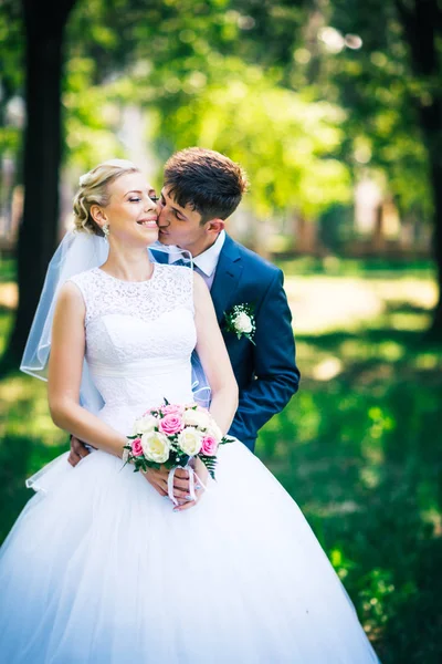 Porträtt bruden och brudgummen på bakgrunden av park gränden — Stockfoto
