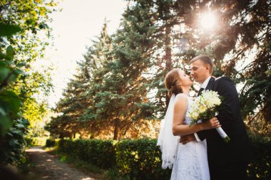 Park geçmişinde bir çift gelin ve damat