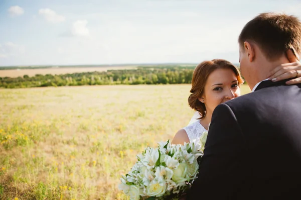 Pár nevěsta a ženich na pozadí pole — Stock fotografie