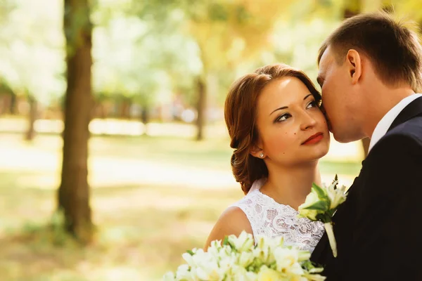 Porträtt av ett par bruden och brudgummen på park bakgrund — Stockfoto