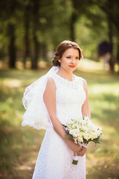 Ritratto di una giovane sposa sullo sfondo del parco — Foto Stock