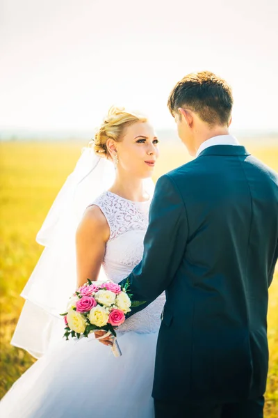 Nevěsta a ženich na pozadí pole — Stock fotografie