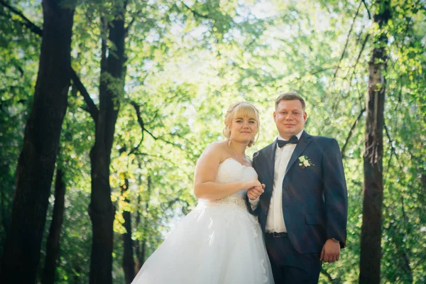 Pasangan pengantin pria dan wanita di latar belakang pohon-pohon taman — Stok Foto