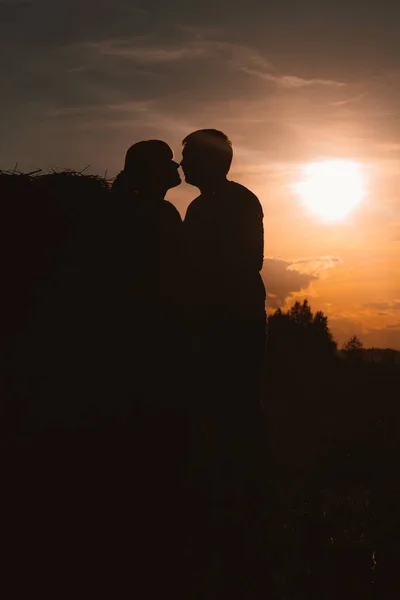 A férfi és a nő a háttérben a nap mező sziluettek — Stock Fotó