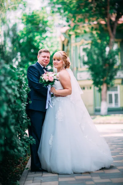 Bruid en bruidegom op de achtergrond van de tuin hek — Stockfoto