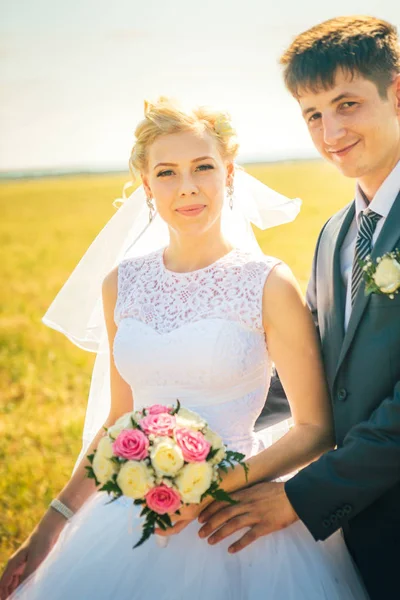Braut und Bräutigam vor dem Hintergrund des Feldes — Stockfoto