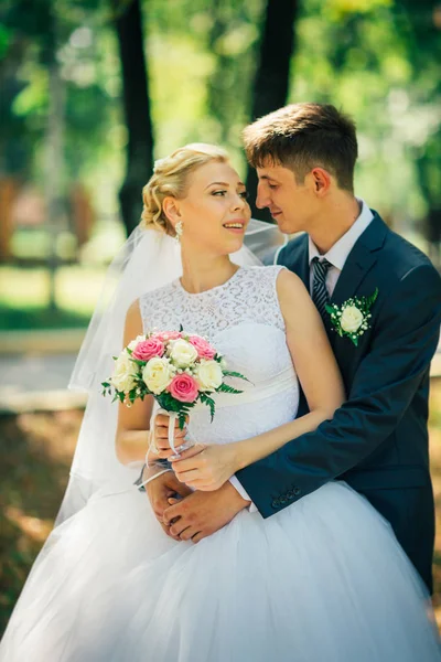 Gelin ve damat parkın arka planında. — Stok fotoğraf