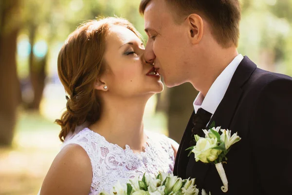 Portrait of a couple bride and groom on  park background — Stock Photo, Image