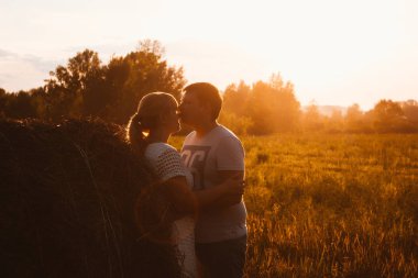 aşk hikayesi erkek ve kadın haystacks güneş arka plan üzerinde