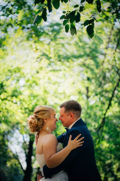 Пара жениха и невесты на фоне деревьев парков — стоковое фото