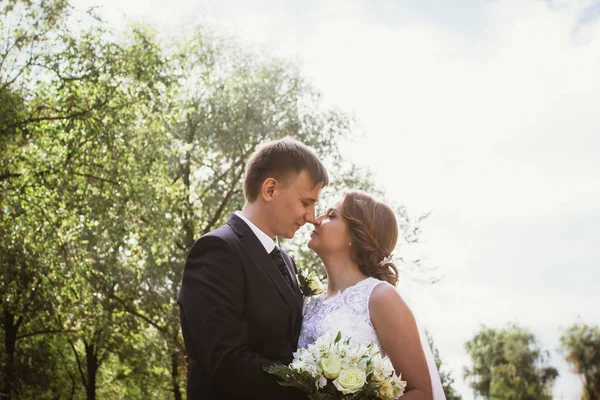 Ritratto di una coppia sposa e sposo sullo sfondo del parco — Foto Stock