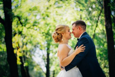 Çift gelin ve damat parklar ağaçlar arka plan üzerinde