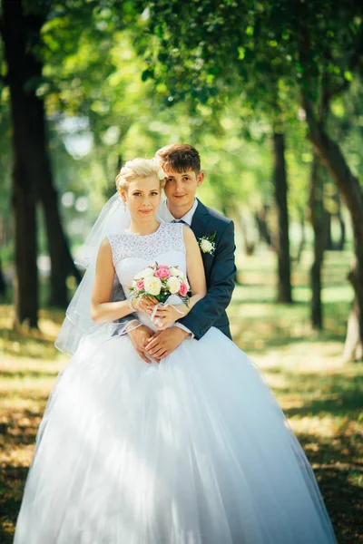 Bruid en bruidegom op de achtergrond van het parksteegje — Stockfoto