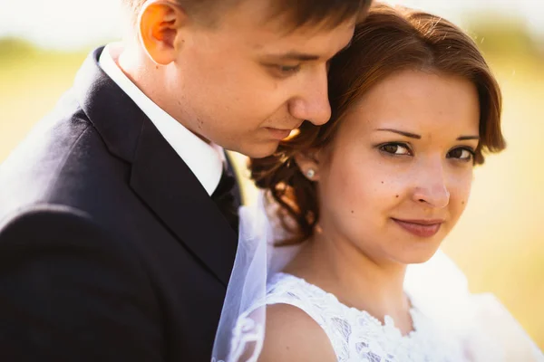 Casal noiva e noivo no fundo do campo — Fotografia de Stock