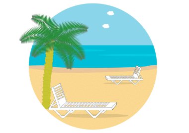 Yaz plaj palmiye ağaçları ve şezlonglar ile